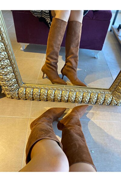 CHERİE Kadın Süet Taba Kısa Topuk Uzun Çizme