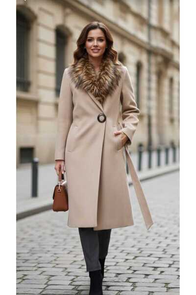 güncüoğlu Detachable Collar Fur Coat Length 110 cm Side Tie Cashmere Women's ...