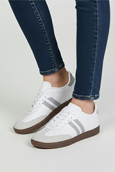 TOFİSA Women's White Gray Suede Detailed Sports Shoes - 28105-White-Grey