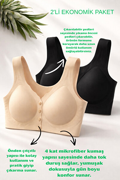 kırmızıunderwear 2-Piece Laser Cut Front Snap Microfiber Bra Set (Skin & Blac...