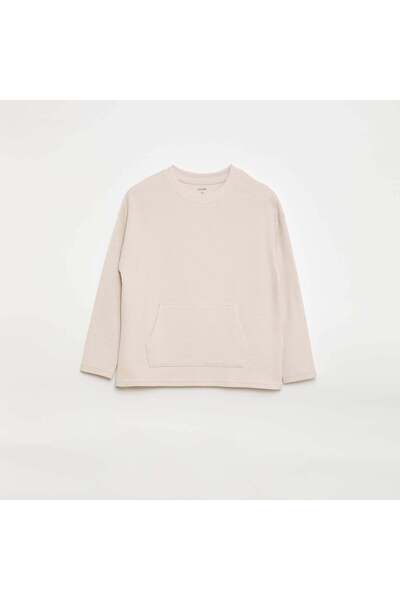 KIABI T-shirt with Ottoman Knit Kangaroo Pocket WHITE