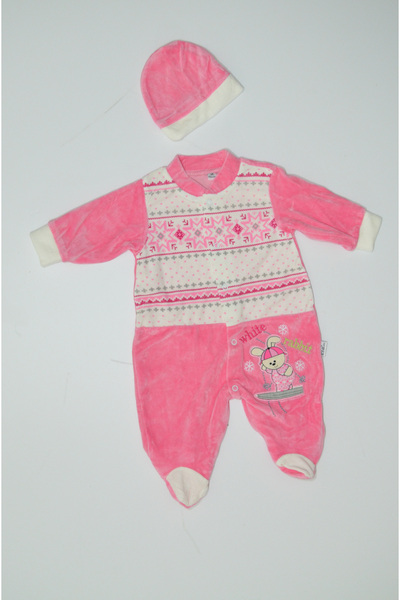 Baby Slon Kids Clup Kışlık kadife kar nakışlı şapkalı full çıtçıt kapamalı pa...