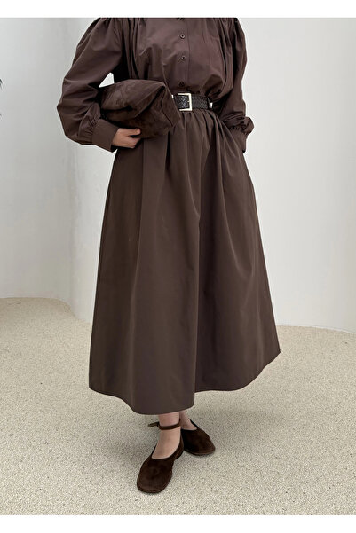 MODA AKSA 1273 KEMERLİ BÜZGÜLÜ ETEK KAHVE