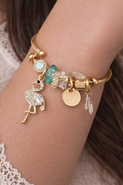 femline سوار نسائي بتصميم طائر الفلامنجو باللون الذهبي