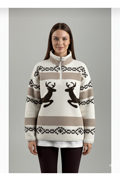 Trendalya Kadın Yarım Fermuarlı Oversize Peluş Sweatshirt