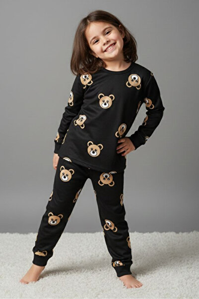 TOFİSA Set pijama din piele intoarsa neagra cu imprimeu pentru fete - 28129-N...