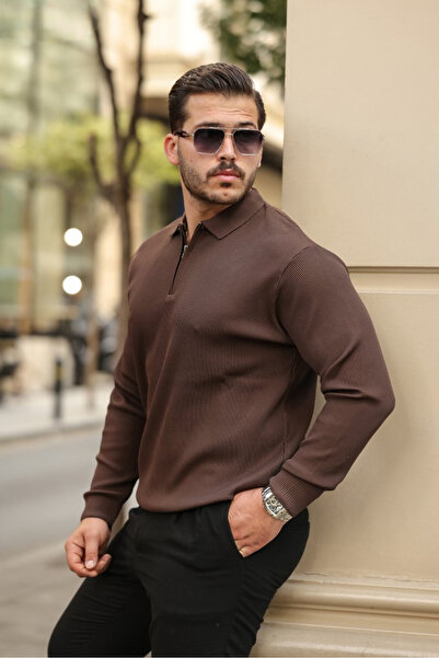 viyamen Erkek Kahverengi Polo Yaka Yarım Fermuarlı Slim Fit Likralı Triko Kazak