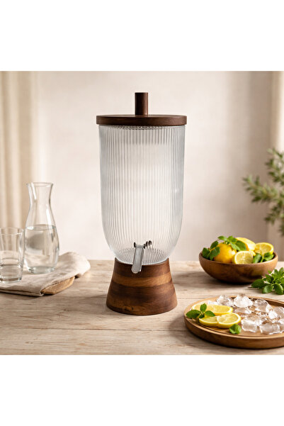Vi Markets A transparent glass beverage dispenser with a wooden base and lid,...