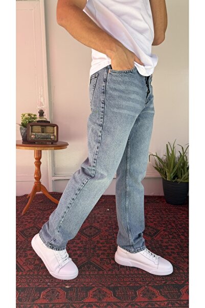 Casualmen32 Yıkamalı Düz Mavi Baggy Jean
