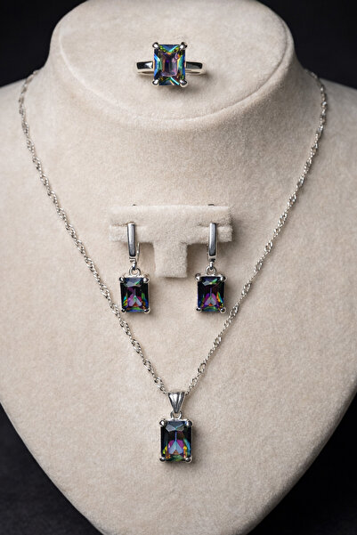 Otto Man Steel Jewelry Kadın Mistik Topaz Taşlı Baget Kesim Gümüş Kolye Küpe ...