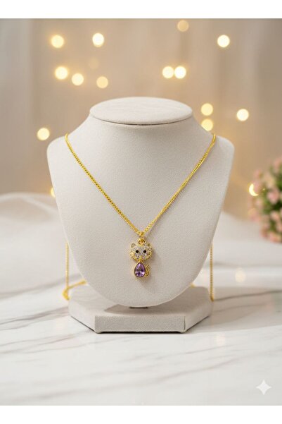 Shiklik قلادة نسائية ذهبية اللون مع تمثال قطة وحجر