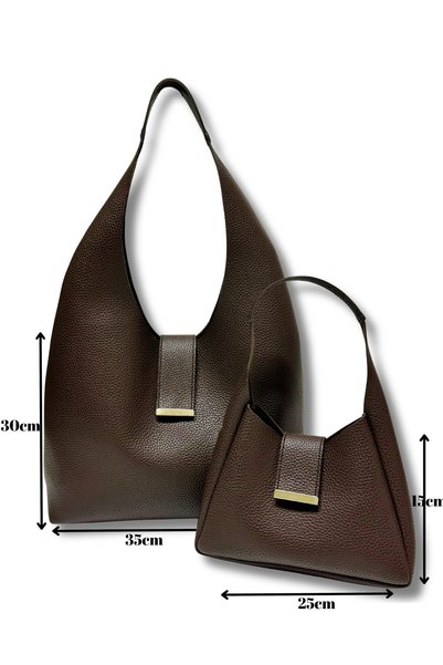 fular & bags Women's Double Set Large and Small Size Snap Closure Brown Shopper Tote Hand and Shoulder Bag