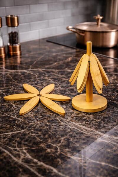 YUVOL 3-Piece Bamboo Trivet Set with Stand, Heat-Resistant Pot and Cup Coaste...