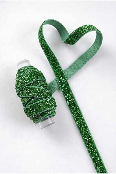 ZEYMERADE Simli Kadife Kurdele Yeşil 1cm 5mt, Gelin, Damat, Bohça, Nişan, Çey...