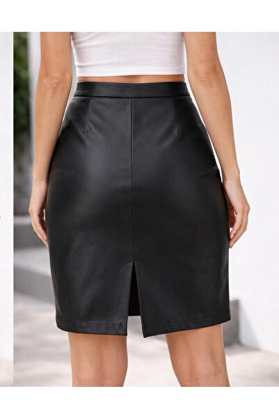 AL&SU BUTİK fustă de damă din piele, cu șliț la spate, peste genunchi
