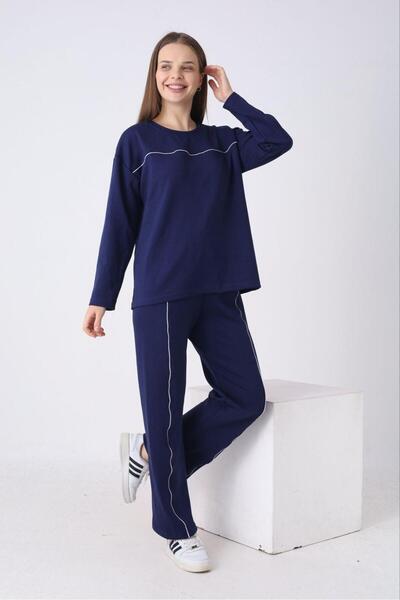 AWOONN Navy Blue Minimal Line Detailed Stretch Fabric Oshho Modal Set