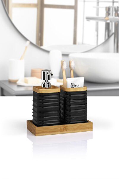 Okyanus Home Black Bamboo Liquid Soap Dispenser and Toothbrush Holder Set