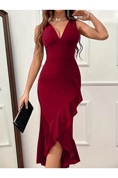 Kokosh moda Kadın Kruvaze Yaka Fırfırlı Askılı Krep Abiye Davet Gece Elbisesi