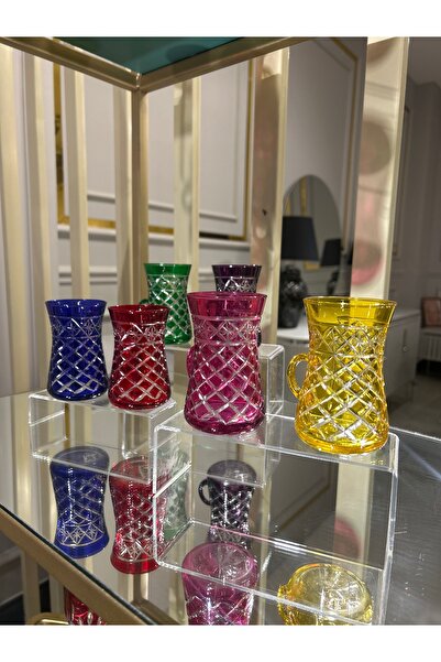 Kristal Kesme 6lı Renkli Çay Bardağı