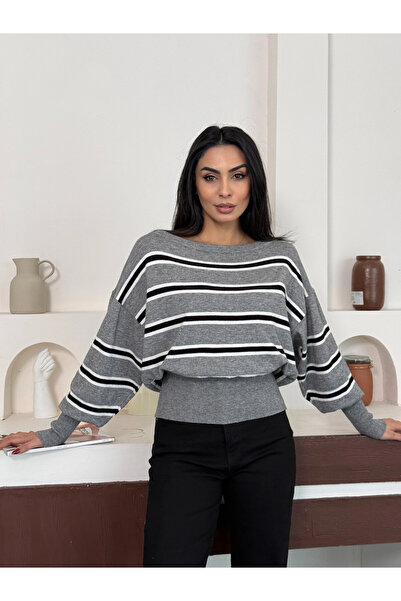 Park Karon Women's Wide Neckline Striped Premium Yarn Knitwear Sweater