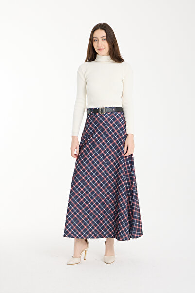 LE CARAMBOLE Women's Navy Blue Plaid Patterned Belted Flared Skirt