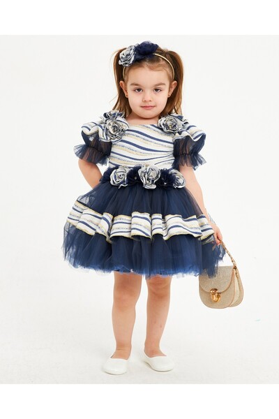 Babyhola فستان سهرة للفتيات مع أكمام بالون وتفاصيل زهور مع حقيبة وتاج كهدية