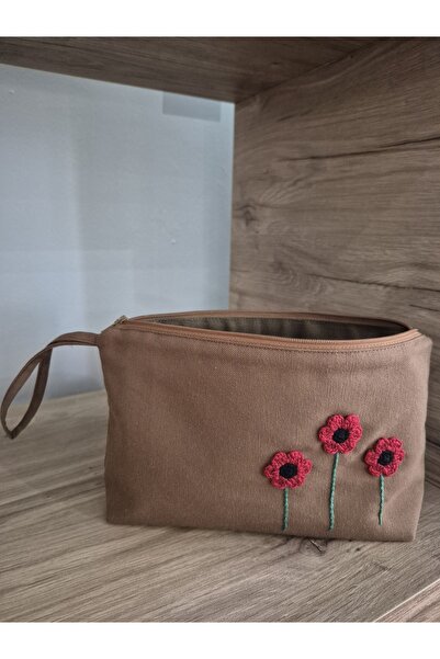 Handream Brown Duck Fabric with Red Knitted Flowers Makeup/Clutch Bag
