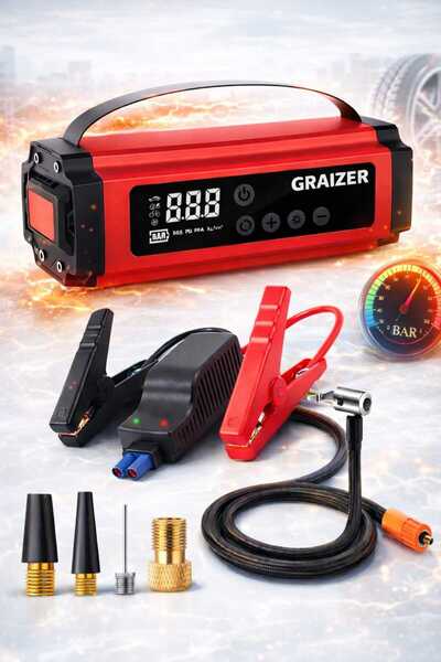 Graizer K 12000 Mah Akü Takviye Cihazi + Lastik Şişirme Hava Kompresörü Lcd E...