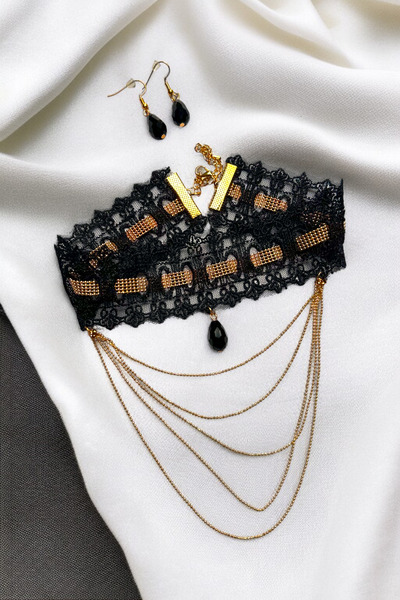 PETEK AKSESUAR Gothic Punk Chain Pendant Necklace Choker Earring Set