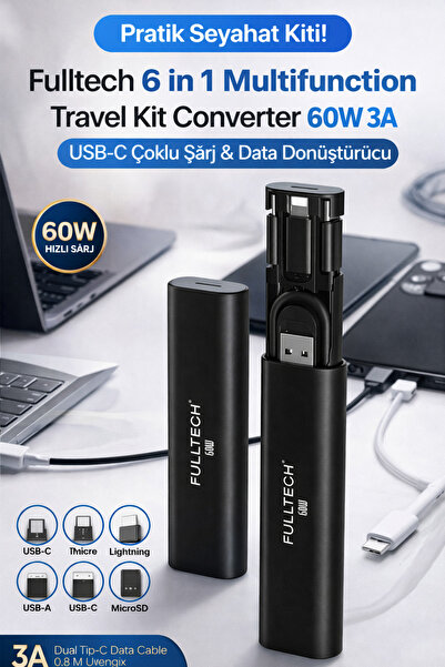 instatech Fulltech 6in1 Çok Fonksiyonlu Travel Kit | 60W 3A USB-C Şarj ve Dat...