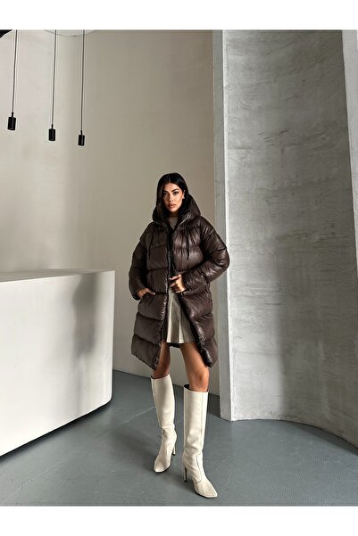 Fashionbox Women's Gel Padding Hooded Zipper Long Puffer Coat 253333