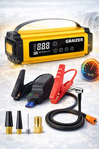 Graizer S 12000 Mah Akü Takviye Cihazi + Lastik Şişirme Hava Kompresörü Lcd E...