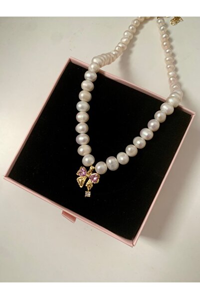 JOVİ ATELİER Sertifikalı Doğal İnci Kolye - Kurdele Charm Pembe - 40cm + 7cm