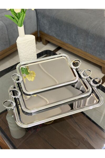 aljahwari 3-piece serving tray set, shiny silver