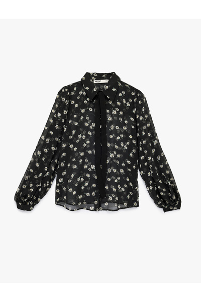Koton Uzun Kollu Klasik Yaka Çiçekli Tül Transparan Gömlek