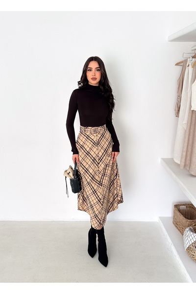 TheyYou Fusta în carouri de tranziție cu nasturi în față și curea |   Fusta c...