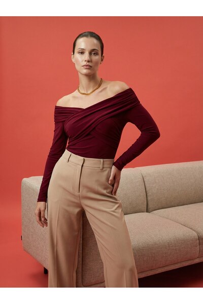 FogaModa Bordo Asimetrik Omuz Detaylı Drapeli Bluz