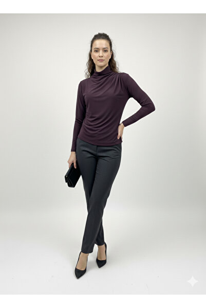 Mistix Kadın Boğazlı Asimetrik Kesim Drapeli Tunik Bluz – Beyaz