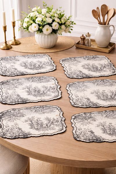 DİVAYS 6 Parça Siyah Toile De Jouy Amerikan Servis 35x45 cm Leke Tutmaz Kumaş