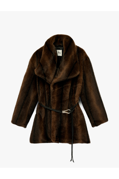 Koton Double-Breasted Collar Long Sleeve Faux Fur Coat with Belt Detail