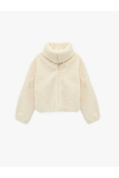 Koton Uzun Kollu Dik Yaka Fermuarlı Peluş Ceket