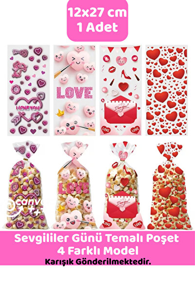 İstisna 1 Adet Sevgililer Günü Temalı 12x27 Cm Opp Yapışkansız Poşet 4 Farklı...