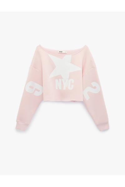 Koton Boat Neck Long Sleeve Printed Oversized Crop Sweatshirt