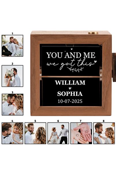 MyRavadino Wooden photo box for memories, 16 rotating photos and 3 LED lights