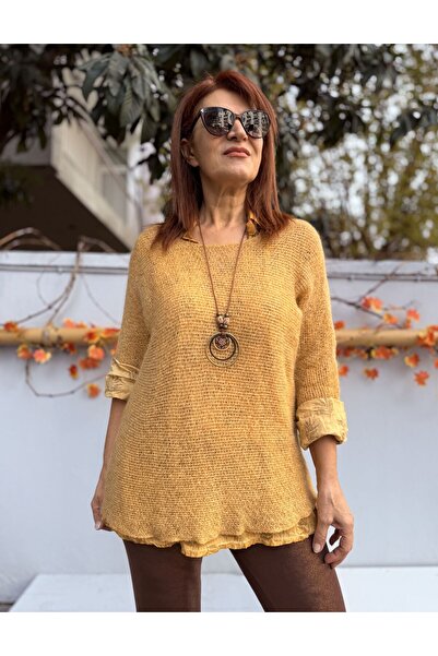 DenizEge Italian Moher Shirt with Necklace Knitwear Mustard