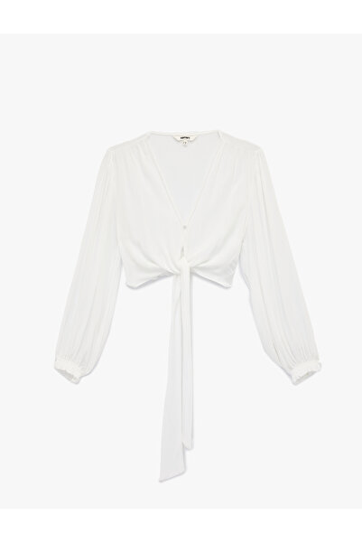 Koton Viscose Long Sleeve Loose Fit V-Neck Tie-Up Poplin Crop Blouse