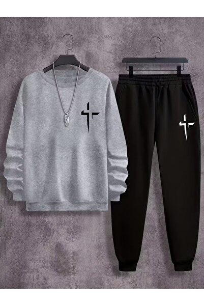 Massgai Unisex Geometric Plus Printed Crew Neck Oversized Bottom-Top Jogger C...