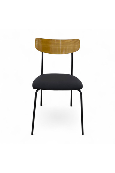 concent A chair with a wood finish, leather seat, and iron base.