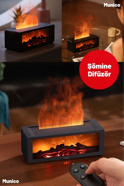 Munico Şömine Aroma Difüzörü – LED’li, 7 Renkli Işık, Alev Efektli, Uzaktan K...