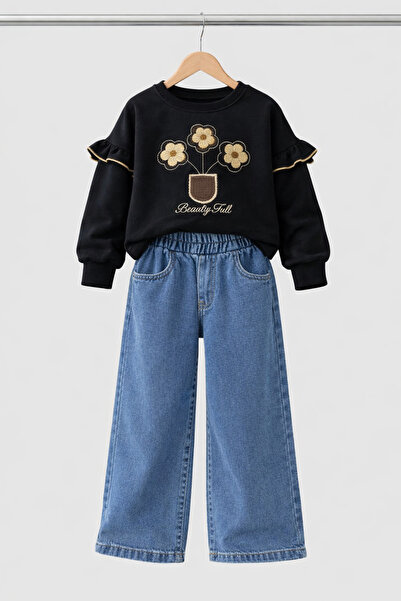 nazarbebe Set hanorac cu broderie florală și pantaloni din denim pentru fete ...